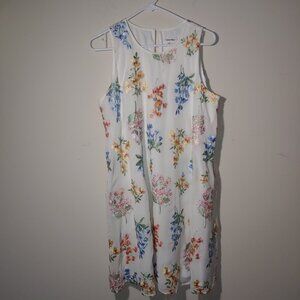 Calvin Klein Chiffon Floral Embroidered Trapeze Dress Midi Size 14 White